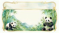 Watercolor pandas eating bamboo in lush green forest, decorative gold frame border with blank copy space for text, greeting card design.