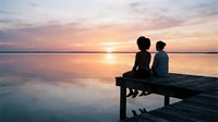 Two children sitting on wooden dock watching sunset over calm lake water with golden sky reflection.