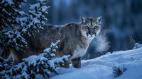 Mountain lion cougar puma standing in snowy winter forest landscape with evergreen trees and cold breath visible in freezing temperatures.