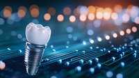 Dental implant on digital circuit board with bokeh lights background representing modern dentistry and technological innovation in dental care.