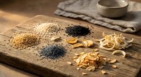 Assorted seeds and nuts arranged on rustic wooden cutting board with kitchen towel and bowl creating natural organic food preparation scene.