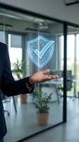 Businessman presenting digital security shield with checkmark in modern office environment representing cybersecurity protection and data safety solutions.