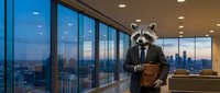 Anthropomorphic raccoon businessman in suit holding briefcase stands in modern office with city skyline view through floor-to-ceiling windows at dusk.