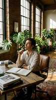 Young professional man working thoughtfully in modern loft office with brick walls, large windows and green plants creating productive workspace atmosphere.