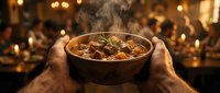 Hands holding steaming bowl of stew with herbs in warm candlelit setting, suitable for food, cooking, comfort dining, and restaurant marketing content.