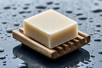 Natural handmade soap bar on wooden bamboo holder against dark wet surface with water drops, spa and body care concept for packaging design.