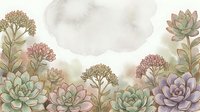 Watercolor succulent garden border with pastel flowers and plants on soft background for botanical design projects and nature-themed decorations.