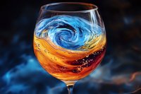Swirling cosmic pattern in wine glass creates mesmerizing galaxy effect with vibrant blue and orange colors against dark background, artistic beverage photography.