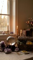 Mystical fortune telling setup with crystal ball, tarot cards, amethyst crystals and burning candles on wooden table by window creating magical atmosphere.