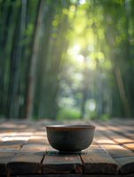 Ceramic bowl on wooden table in serene bamboo forest with soft sunlight filtering through green foliage creating peaceful zen atmosphere for meditation.