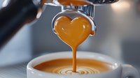 Fresh espresso pouring from machine forming heart shape in coffee cup with creamy foam, macro shot showing rich golden crema and barista art.