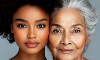 Close up portrait of young African American woman with natural afro hairstyle and senior woman with gray hair showing beauty across generations and aging gracefully.