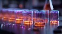 Glowing whiskey glasses with etched circuit board pattern create modern tech ambiance on reflective surface with warm orange and purple lighting effects.