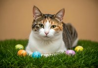 Tabby and white cat sitting on green grass with colorful Easter eggs against neutral background, suitable for holiday greeting cards and seasonal marketing materials.