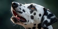 Dalmatian dog portrait with open mouth showing happy expression and spotted coat pattern against dark background for pet photography and animal content.