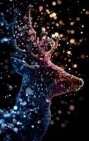Magical deer silhouette made of glowing particles with blue and pink gradient colors against dark background with bokeh lights and sparkles.