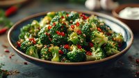 Fresh steamed broccoli florets garnished with red chili flakes and sesame seeds served in rustic ceramic bowl on dark background, healthy vegetarian meal.