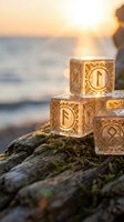 Wooden rune cubes with ancient symbols stacked on mossy rock at golden hour sunset by ocean for mystical divination and spiritual practices.