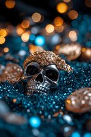 Decorative skull with golden crown on glittering blue background with bokeh lights. Luxury gothic jewelry concept with dramatic lighting and shallow depth of field.