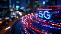 Futuristic 5G network concept with glowing light trails and digital text against blurred city background showing high-speed connectivity and wireless technology advancement.