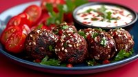 Grilled meatballs with sesame seeds served on blue plate with fresh tomatoes and yogurt dipping sauce garnished with herbs.
