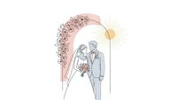 Elegant wedding couple standing under floral arch with sunburst, romantic ceremony illustration for invitations and celebration designs.