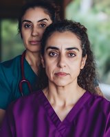 Middle Eastern female healthcare workers in medical scrubs with determined expressions, one wearing purple and one in teal, representing diversity in medicine.