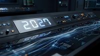 Futuristic digital display showing 2029 year on high-tech control panel with glowing blue lights and advanced interface elements in modern technology setting.