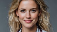 Professional blonde businesswoman smiling confidently at camera with natural makeup and wavy hair against neutral background for corporate headshots.