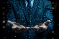Digital scales of justice floating above businessman hands with glowing blue particles and bokeh effect, representing law technology and digital transformation.