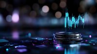 Glowing blue financial chart hologram projection above stack of silver coins on dark background with bokeh lights, representing digital currency market analysis.
