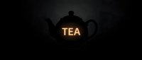 Dark silhouette teapot with glowing orange neon TEA lettering on black background, moody atmospheric lighting for cafe menu or branding design.