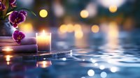 Glowing candle and purple orchids near tranquil water surface with soft bokeh lights creating peaceful spa atmosphere for wellness and relaxation.