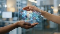 Hands protecting glowing digital brain with neural network connections representing artificial intelligence, machine learning and cognitive technology innovation.