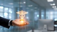 Medical caduceus symbol glowing in businessperson's hand against modern office background, representing healthcare, medicine, wellness, and professional medical services.