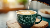 Pouring steamed milk into dark green polka dot coffee cup creating latte art pattern on wooden serving board, morning cafe atmosphere with soft bokeh background.