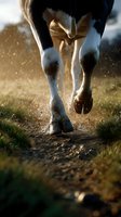 Close-up of horse hooves galloping on dusty trail during golden hour, with dirt particles flying in sunlight creating atmospheric motion effect on natural path.