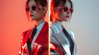 Two young women with East Asian features wearing oversized pink sunglasses and stylish jackets pose against split red and white backgrounds, embodying modern fashion and contemporary style trends.