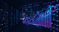 Financial market data visualization with glowing charts and graphs showing upward trends on dark digital background for business analytics presentations.