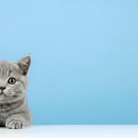 Adorable gray tabby kitten with big eyes peeking from corner on blue background with copy space for pet care and veterinary designs.