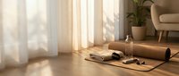 Serene home yoga setup with mat, blocks and water bottle in sunlit living room with modern furniture and natural lighting for wellness practice.