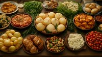 Traditional feast with variety of dishes served on rustic wooden table. Multiple bowls filled with dumplings, meat stews, fresh herbs, salads and roasted potatoes create festive spread.
