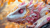 White dragon head with pink crystal ornaments and golden scales in magical autumn light, close-up portrait view showing intricate fantasy details and mystical atmosphere.