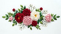 Elegant floral arrangement with red, pink and white roses surrounded by green leaves and delicate branches on clean white background for wedding designs.