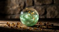 Mystical crystal ball with swirling green smoke and golden sparkles on rustic wooden surface surrounded by amber gemstones against dark stone wall background.