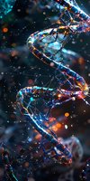 Glowing DNA helix structure with colorful light particles against dark background, representing genetic science and biotechnology research.