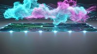 Colorful digital cloud computing data visualization above circuit board with glowing lights, representing technology infrastructure and network processing.