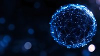 Glowing blue network sphere with connected dots and lines floating on dark background, representing global digital connectivity and data visualization.