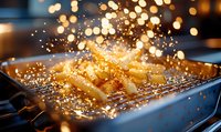 Golden french fries sizzling in hot oil with splashing droplets creating sparkling bokeh effect against dark background in commercial kitchen.