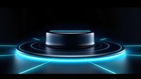 Futuristic metallic platform with glowing blue neon lights on black background. Modern sci-fi stage with circular design and illuminated rings creates dramatic atmosphere.